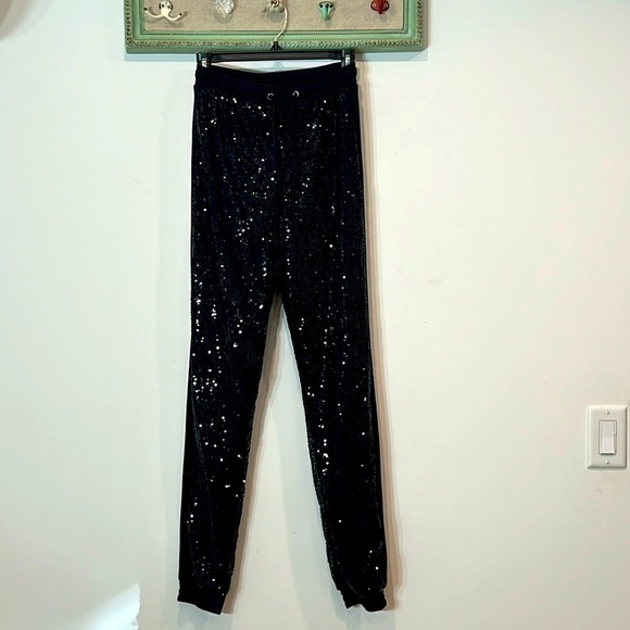 Tipsy Elves Black Sequin Relaxed fit jogger pants with side tuxedo stripe small - Picture 1 of 7